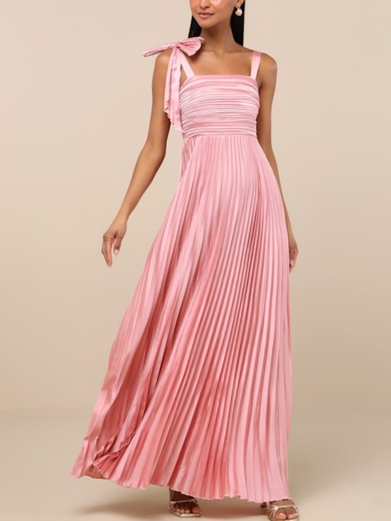 Lulus Dresses & Skirts - Lulus Gorgeous Purpose Pink Satin Pleated Sleeveless Bow Maxi Dress - Size XL